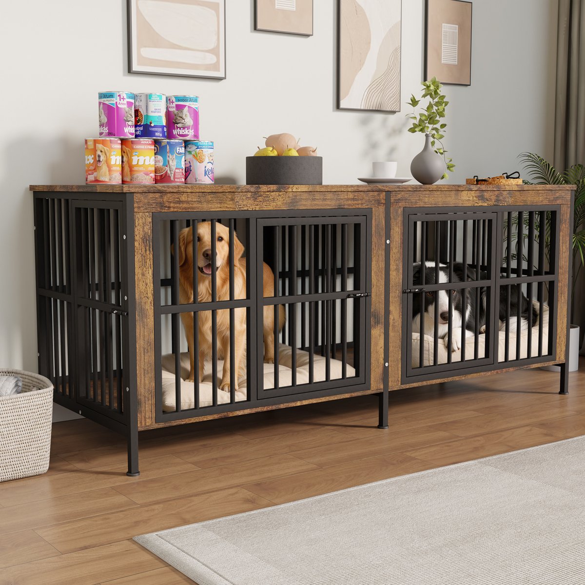 IronovaPets Double-Compartment Storage Cabinet Furniture Crate for Medium & Large Dogs, Medium: 78-in, Brown