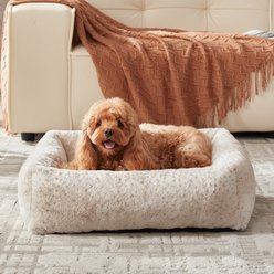 AIPERRO Rabbit Fur Adorable Leopard Print Pattern Square Dog Pillow Bed, Beige, Small