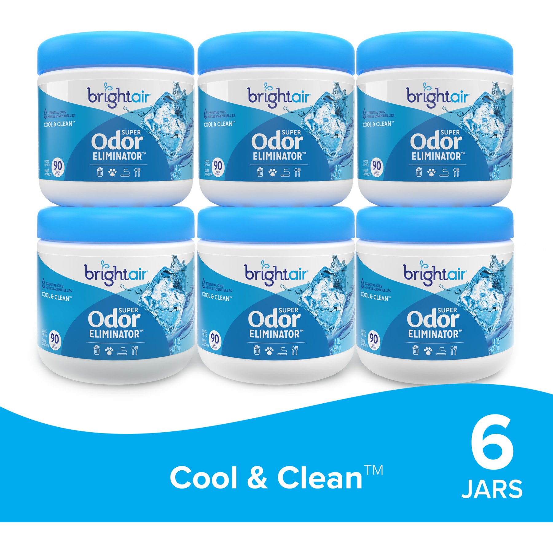 Bright Air Super Odor Eliminator Solid Air Freshener, Cool & Clean, 14-oz jar, 6 count