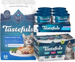 Blue Buffalo Tastefuls Chicken & Brown Rice Recipe Adult Indoor Dry Food, 15-lb bag + Tastefuls Tuna, Chicken, Fish & Shrimp Variety Pack Flaked Wet Food, 5.5-oz can, case of 24 + Tastefuls Natural Tender Morsels Chicken Entree Wet Cat Food, 5.5-oz can, case of 12