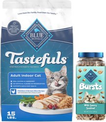 Blue Buffalo Indoor Health Chicken & Brown Rice Recipe Adult Dry Food + Bursts with Savory Seafood Cat Treats