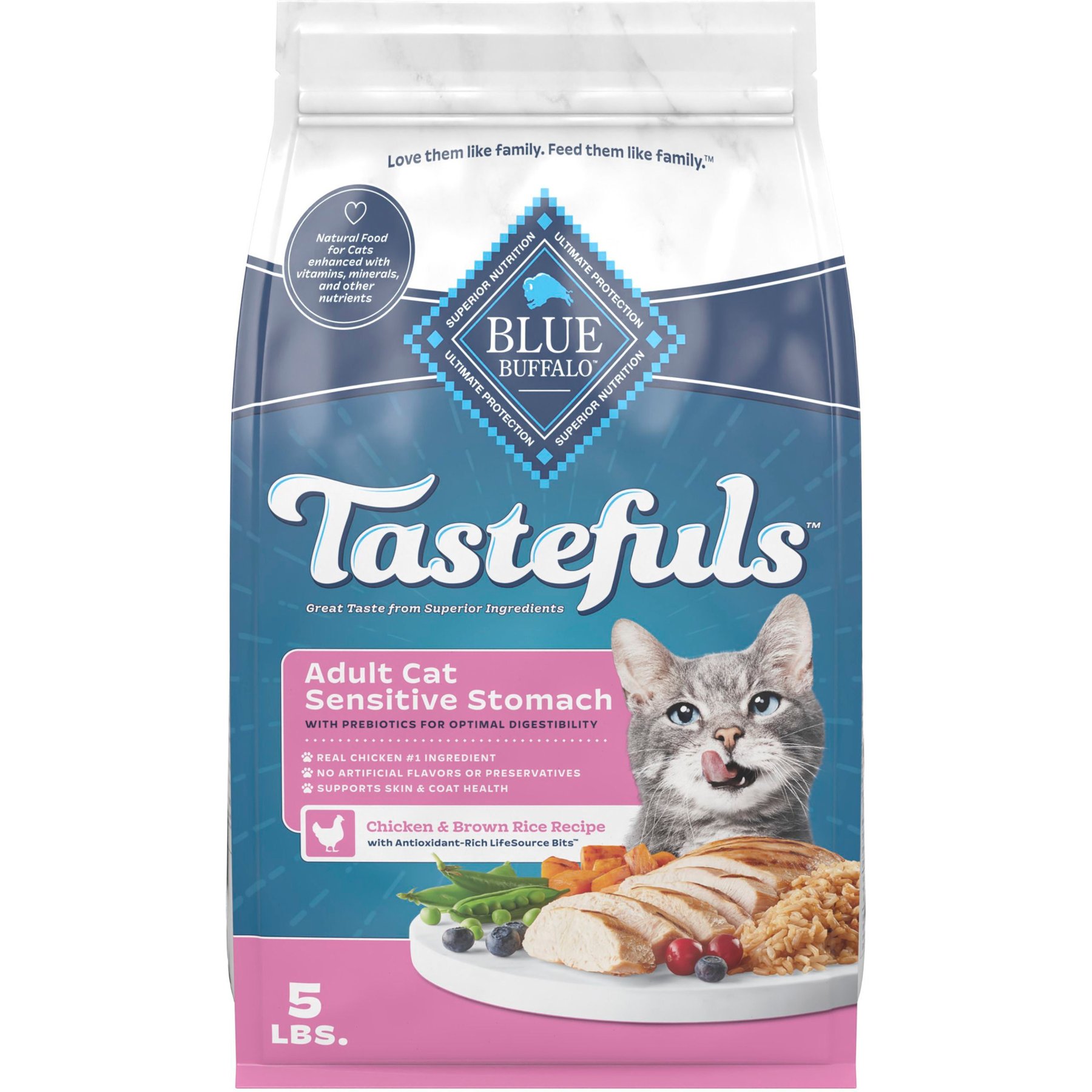 Blue Buffalo Tastefuls Chicken & Brown Rice Recipe Sensitive Stomach Adult Dry Cat Food, 5-lb bag