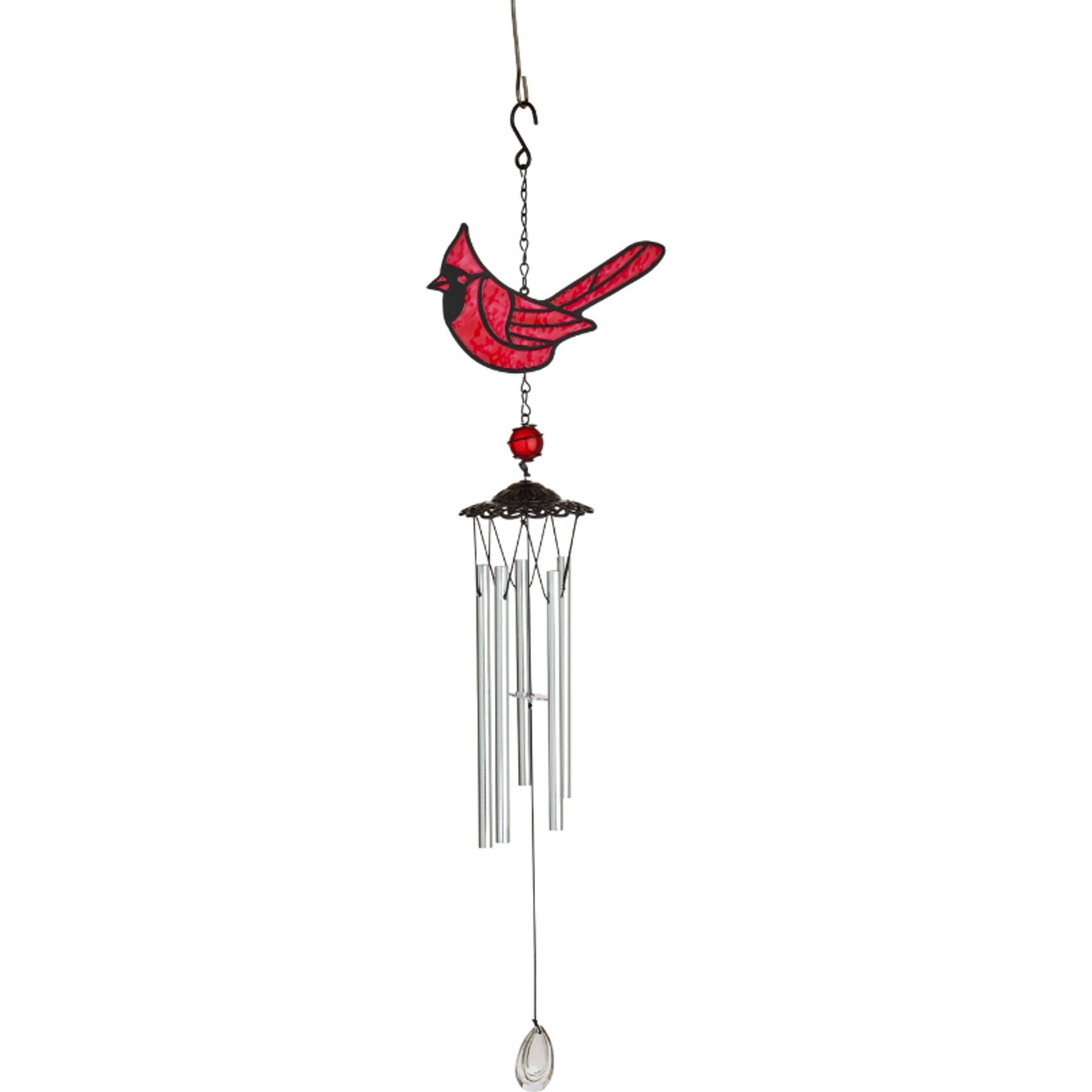 GeoCentral Faux Stained Glass Cardinal Suncatcher Wind Chime with Glass Bead & Prismatic Crystal