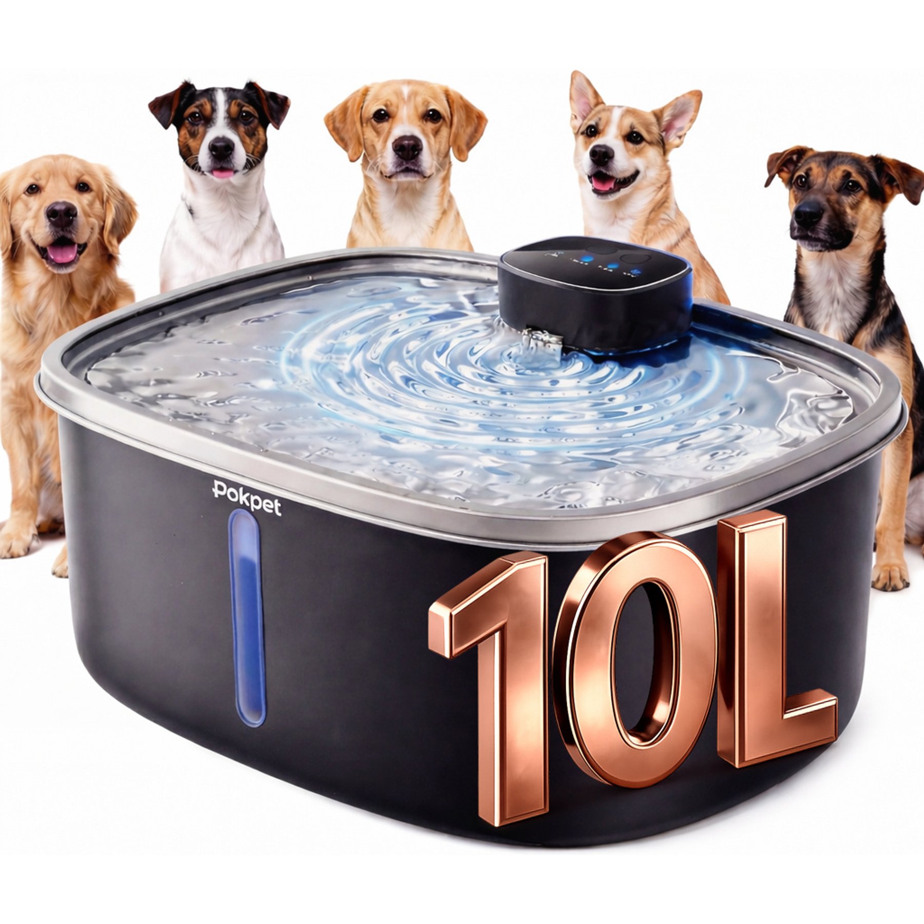 Pokpet Large Capacity Automatic Water Dispenser Filtered Plastic Dog & Cat Water Fountain, Black, 2.6-gal