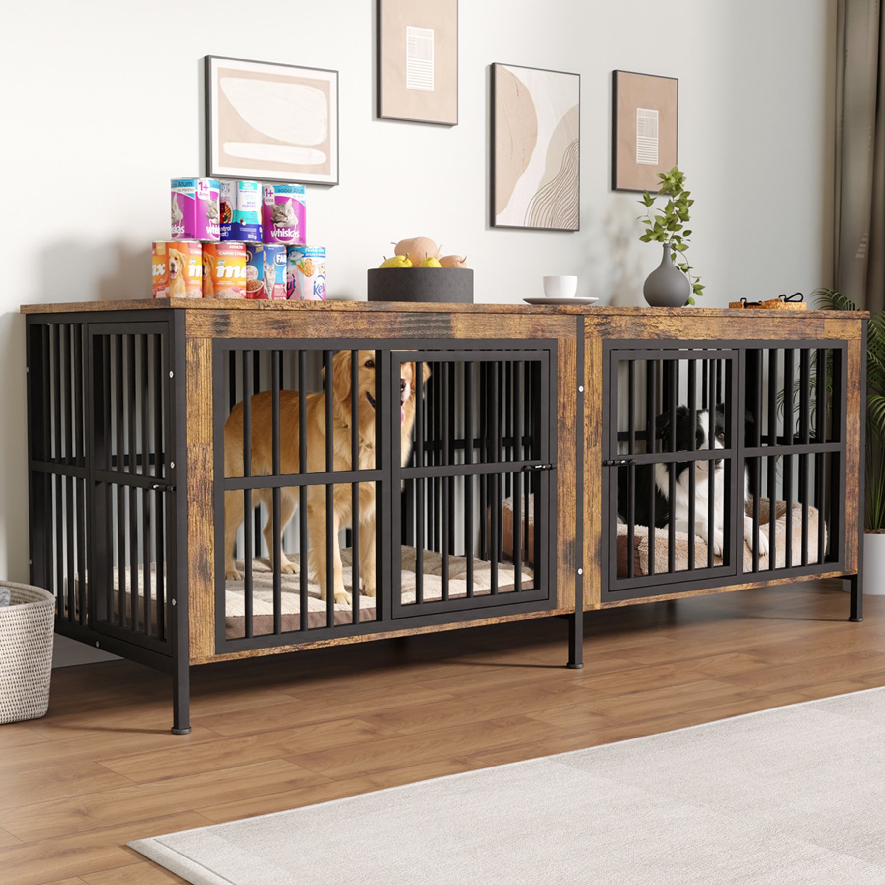 IronovaPets Double-Compartment Furniture Style Dog Crate, Brown