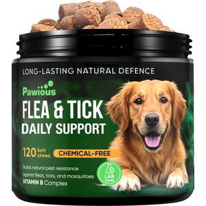 Pawious Flea & Tick Skin & Coat Supplement for Dogs, 120 Chewables, 9-oz jar