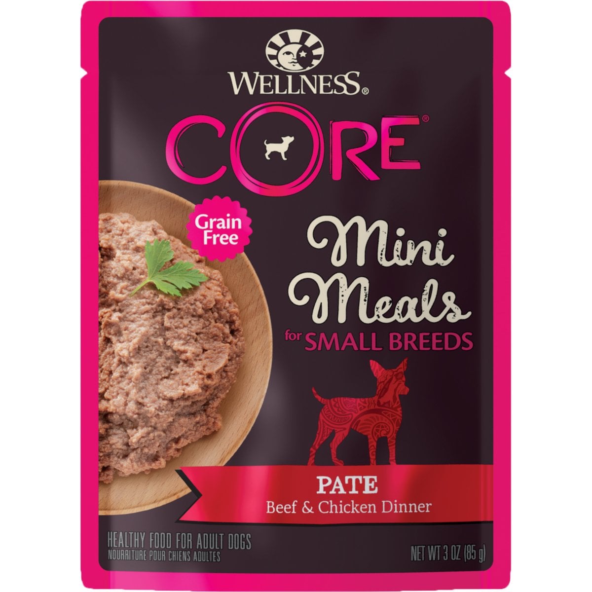 Wellness CORE Grain-Free Small Breed Mini Meals Beef & Chicken Pate Dog Food Pouches, 3-oz tray, bundle of 36