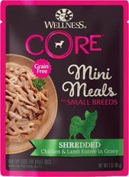 Wellness CORE Grain-Free Small Breed Mini Meals Shredded Chicken & Lamb in Gravy Dog Food Pouches, 3-oz tray, bundle of 36