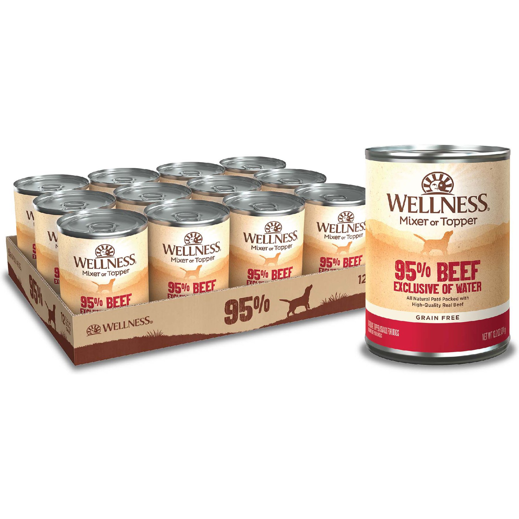 Wellness Ninety-Five Percent Beef Grain-Free Canned Dog Food Topper, 13.2-oz can, bundle of 24