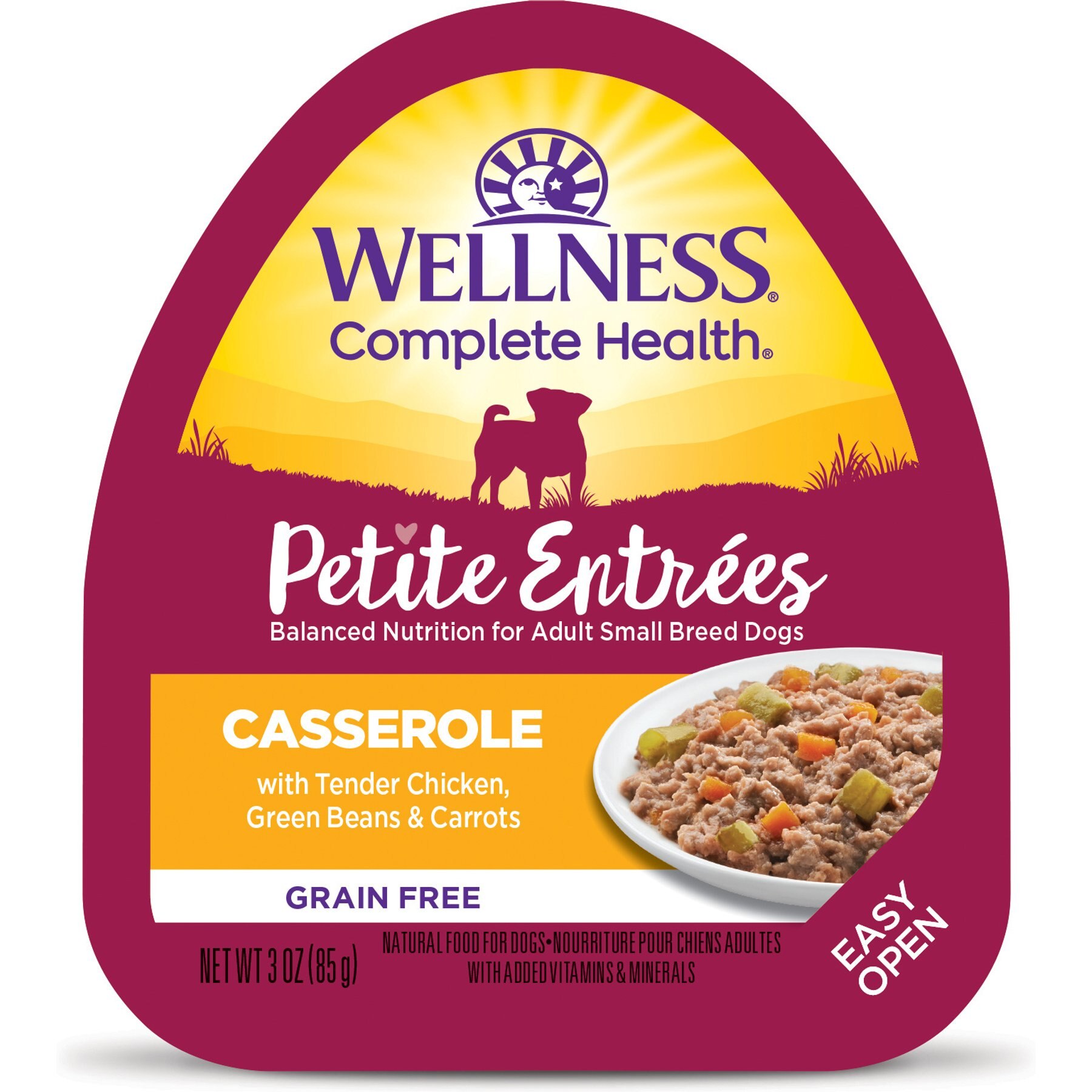 Wellness Complete Health Petite Entrees Adult Small Breed Grain-Free Chicken, Green Beans & Carrots Casserole Wet Dog Food, 3-oz cup, bundle of 24