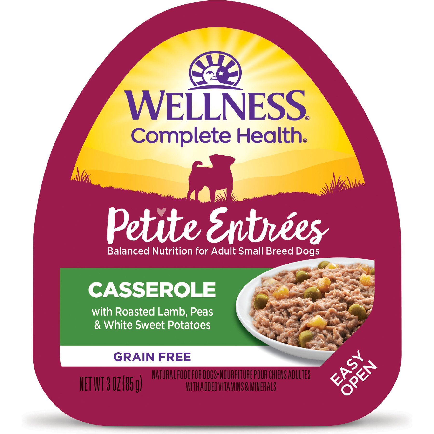 Wellness Complete Health Petite Entrees Adult Small Breed Grain-Free Lamb, Peas & Sweet Potato Casserole Wet Dog Food, 3-oz cup, bundle of 24