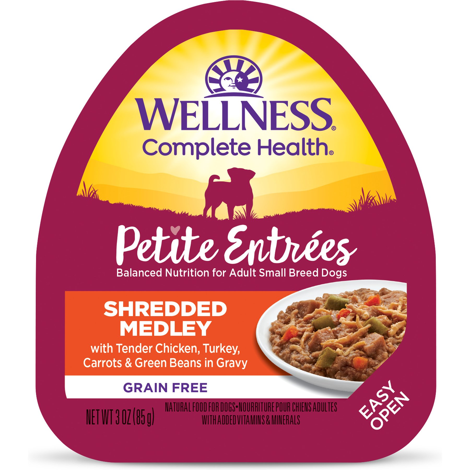 Wellness Complete Health Petite Entrees Adult Small Breed Grain-Free Chicken, Turkey, Carrots & Green Beans Shredded Medley Wet Dog Food, 3-oz cup, bundle of 24