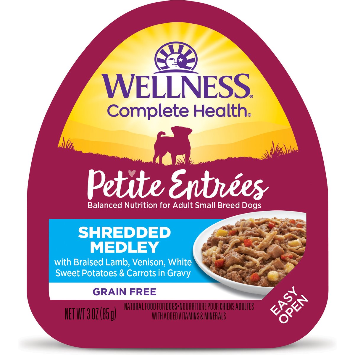 Wellness Complete Health Petite Entrees Adult Small Breed Grain-Free Lamb, Venison, Sweet Potatoes & Carrots Shredded Medley Wet Dog Food, 3-oz cup, bundle of 24