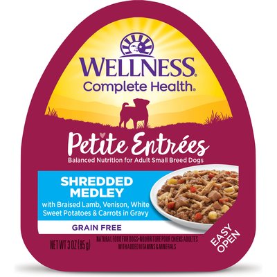 Wellness Wellness Complete Health Petite Entrees Adult Small Breed Grain-Free Lamb, Venison, Sweet Potatoes & Carrots Shredded Medley Wet Dog Food, 3-oz cup, bundle of 24