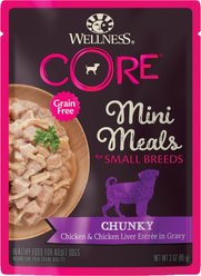 Wellness CORE Grain-Free Small Breed Mini Meals Chunky Chicken & Chicken Liver in Gravy Dog Food Pouches, 3-oz tray, bundle of 36