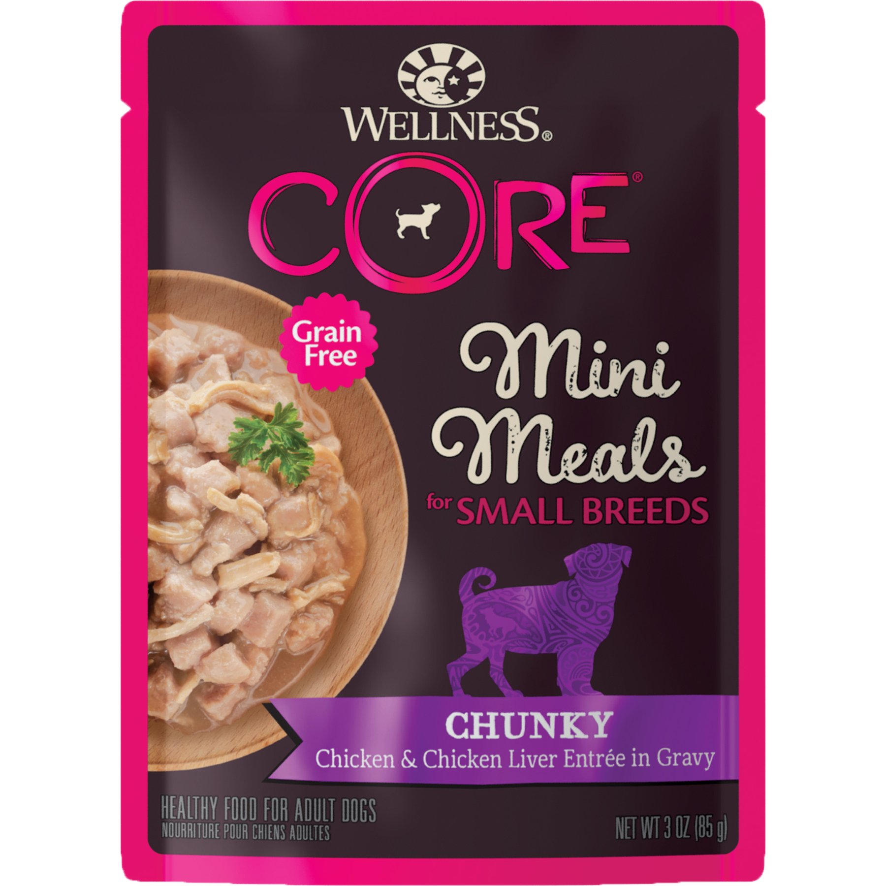 Wellness CORE Grain-Free Small Breed Mini Meals Chunky Chicken & Chicken Liver in Gravy Dog Food Pouches, 3-oz tray, bundle of 36