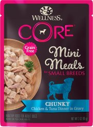 Wellness CORE Grain-Free Small Breed Mini Meals Chunky Chicken & Tuna in Gravy Dog Food Pouches, 3-oz tray, bundle of 36