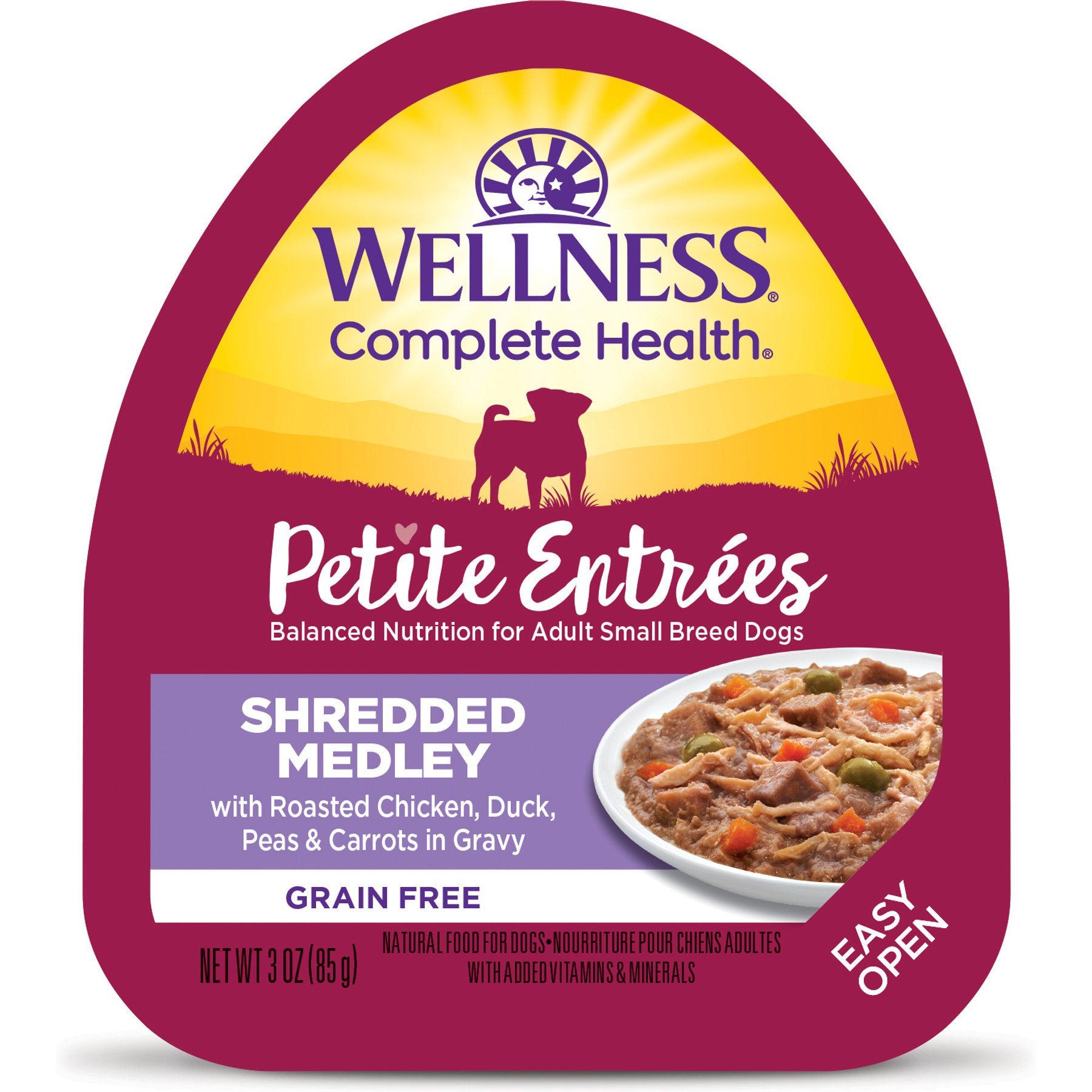 Wellness Complete Health Petite Entrees Adult Small Breed Grain-Free Chicken, Duck, Peas & Carrots Shredded Medley Wet Dog Food, 3-oz cup, bundle of 24