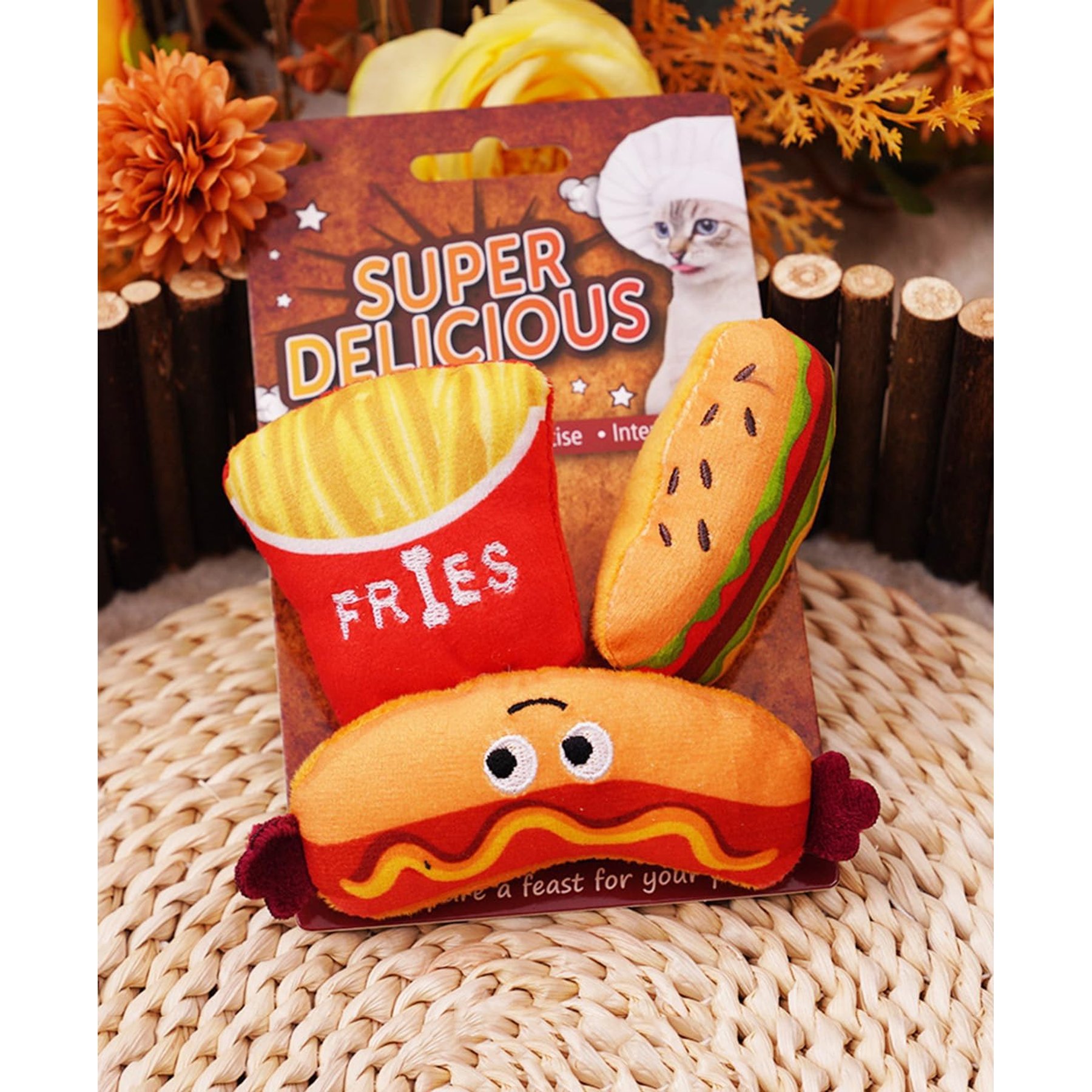 NonoPets Interactive Crinkle Fast Food Hamburger Theme Tough Chew Plush Cat Toy, 3 count