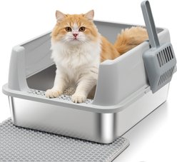 FUTAM Low Entry Stainless Steel Metal Covered Cat Litter Box with Lid & Scoop, Medium