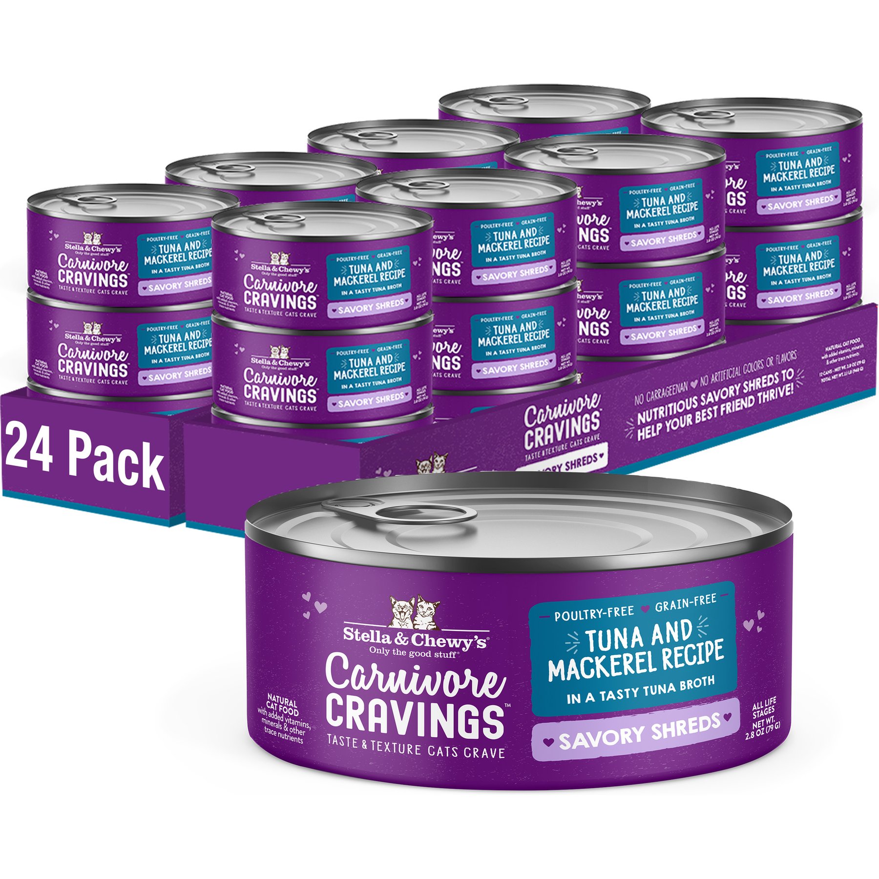 Stella & Chewy's Savory Shreds Tuna & Mackerel Flavored Shredded Wet Cat Food, 2.8-oz can, case of 24