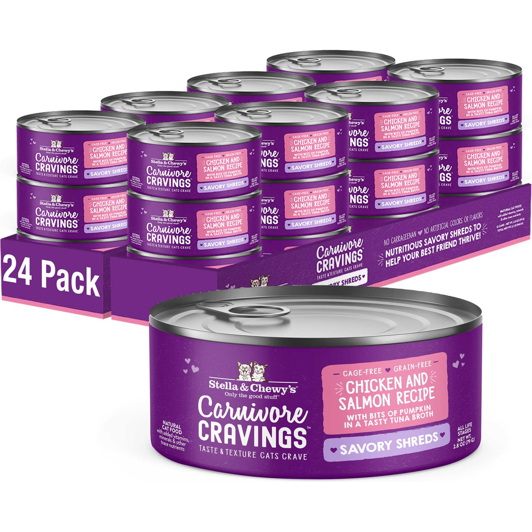 Stella & Chewy's Savory Shreds Chicken & Salmon Flavored Shredded Wet Cat Food, 2.8-oz can, case of 24