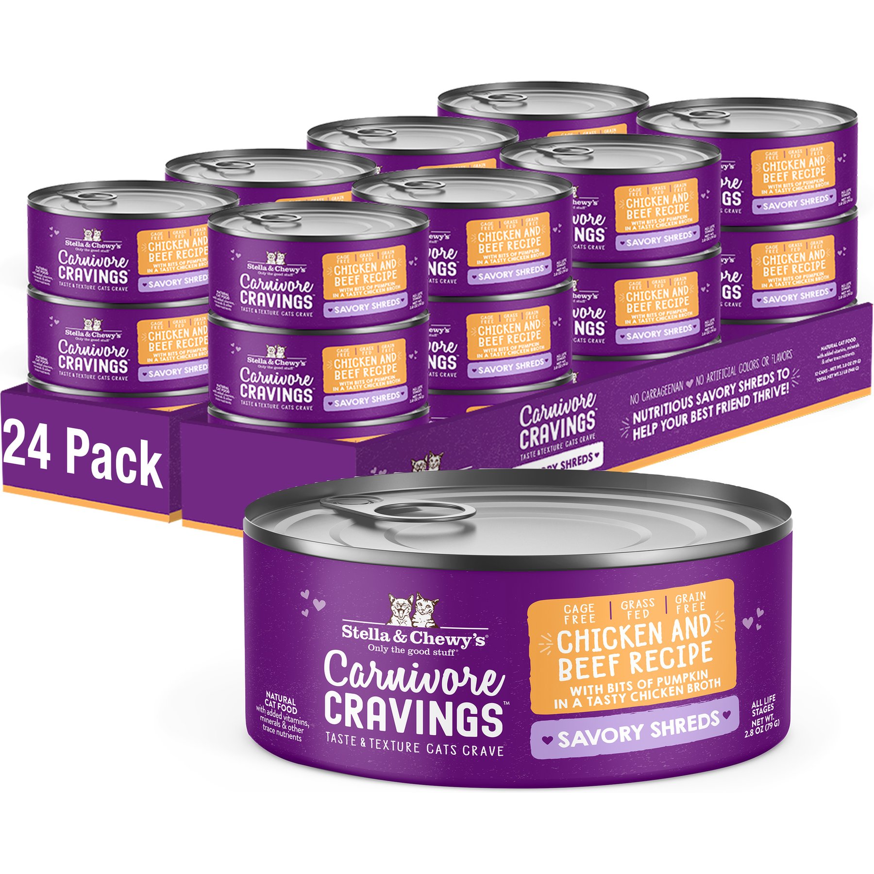 Stella & Chewy's Savory Shreds Chicken & Beef Flavored Shredded Wet Cat Food, 2.8-oz can, case of 24