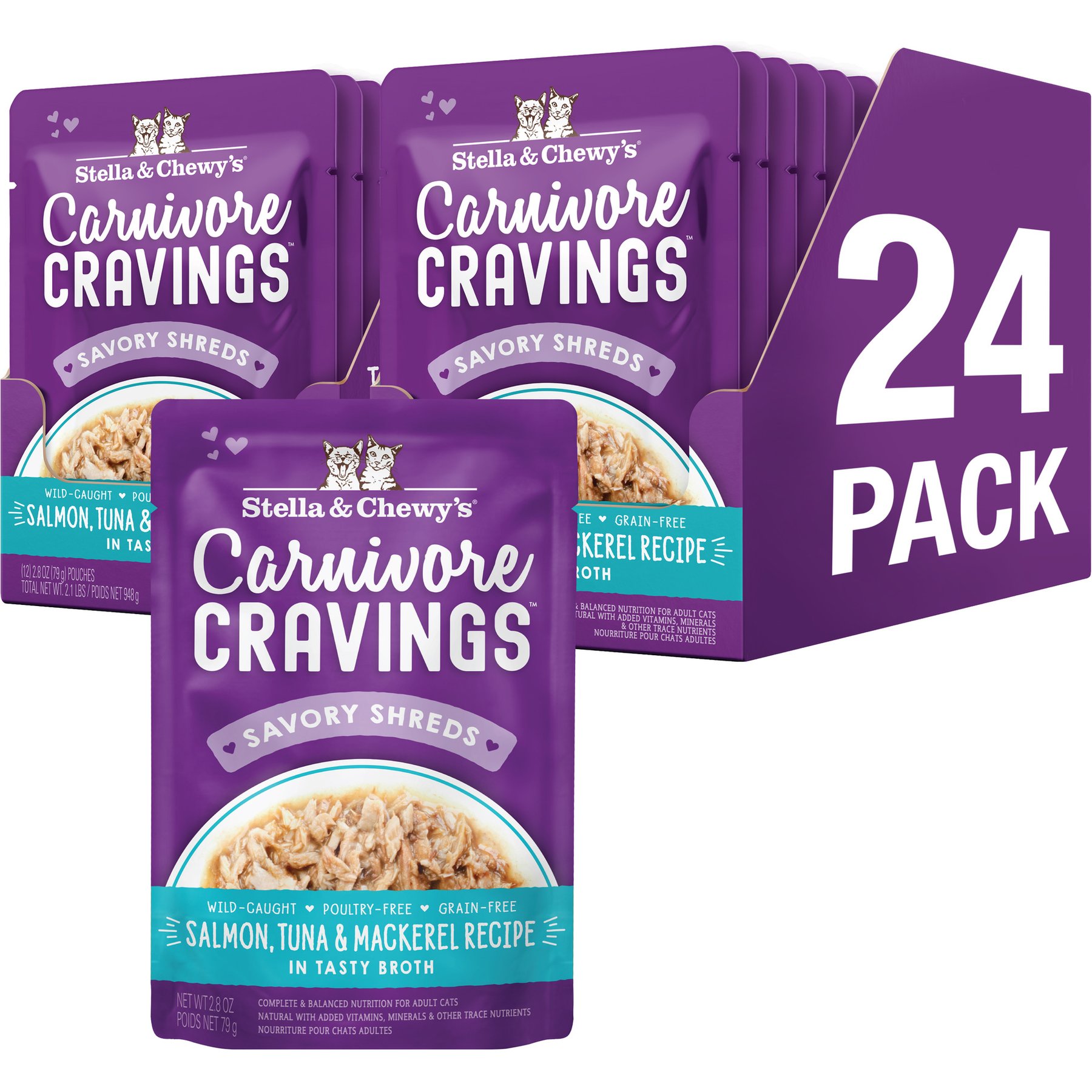 Stella & Chewy's Carnivore Cravings Salmon, Tuna & Mackerel Flavored Shredded Wet Cat Food, 2.8-oz pouch, case of 24