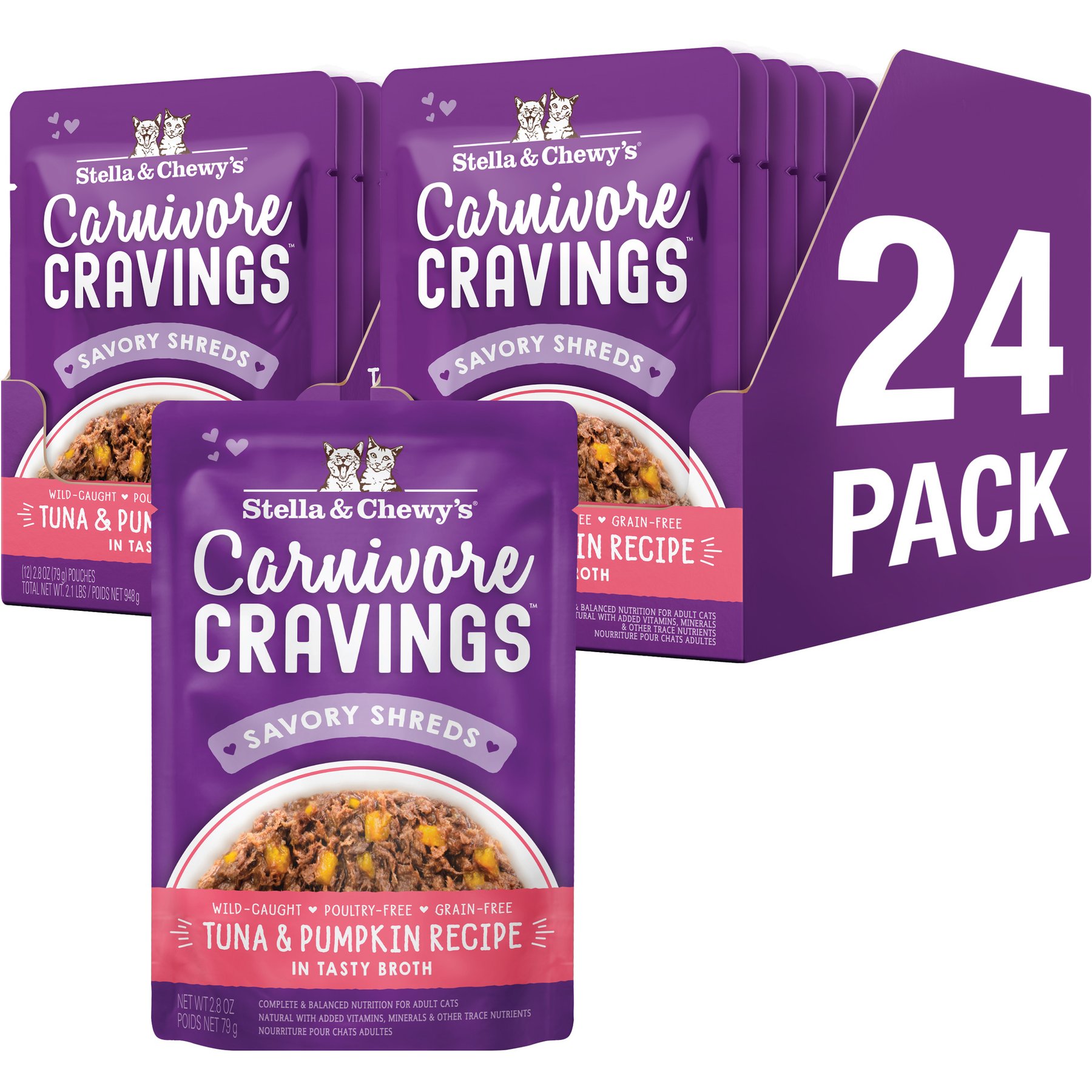 Stella & Chewy's Carnivore Cravings Tuna & Pumpkin Flavored Shredded Wet Cat Food, 2.8-oz pouch, case of 24