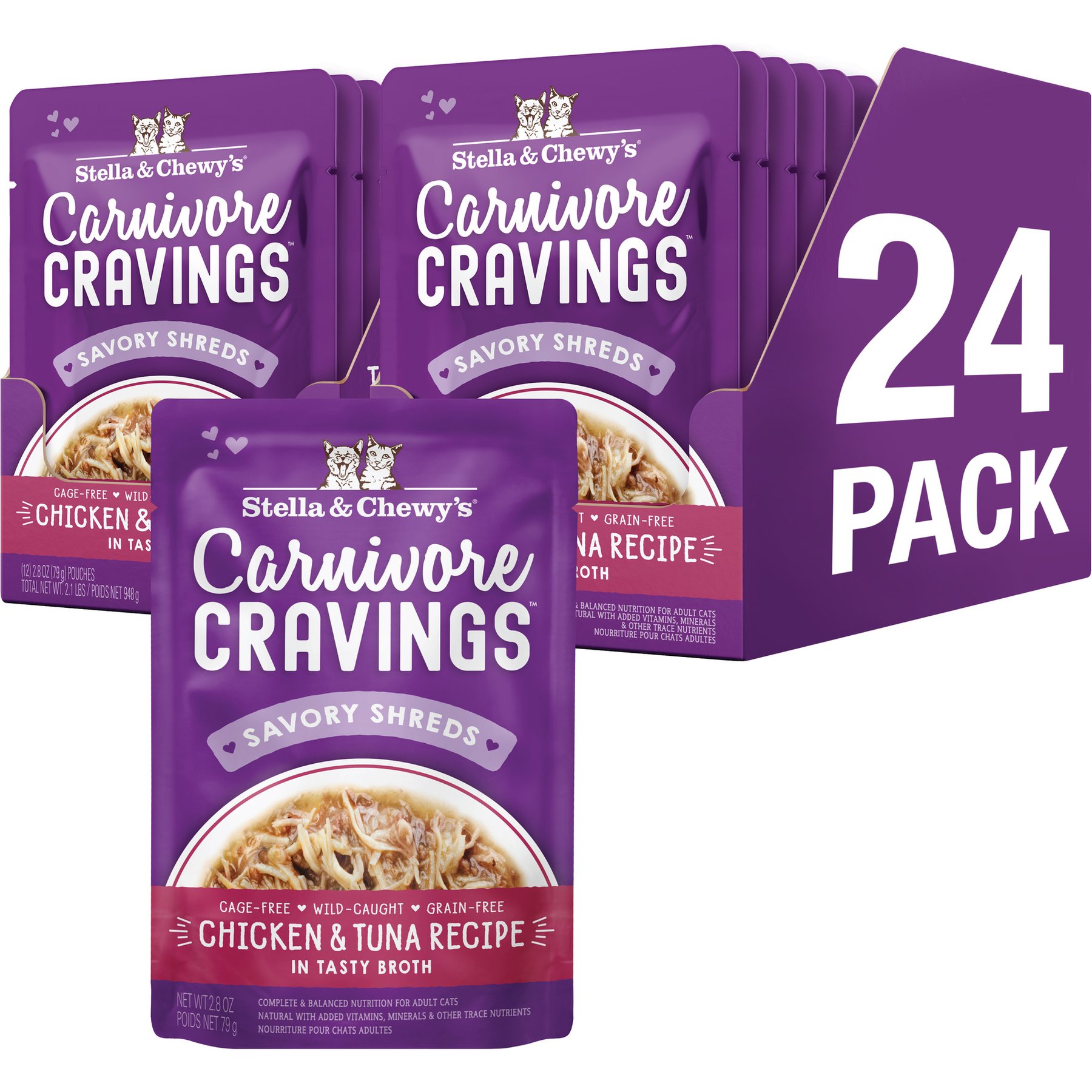 Stella & Chewy's Carnivore Cravings Chicken & Tuna Flavored Shredded Wet Cat Food, 2.8-oz pouch, case of 24