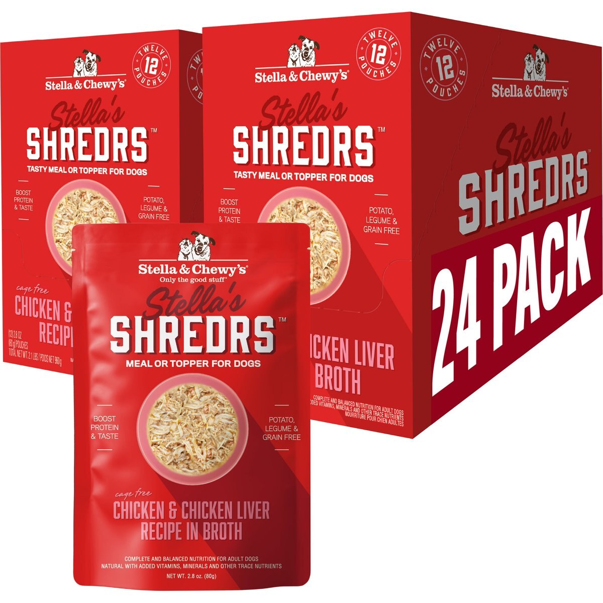 Stella & Chewy's Stella’s Shredrs Cage Free Chicken & Chicken Liver Recipe in Broth Adult Wet Dog Food, 2.8-oz pouch, case of 24