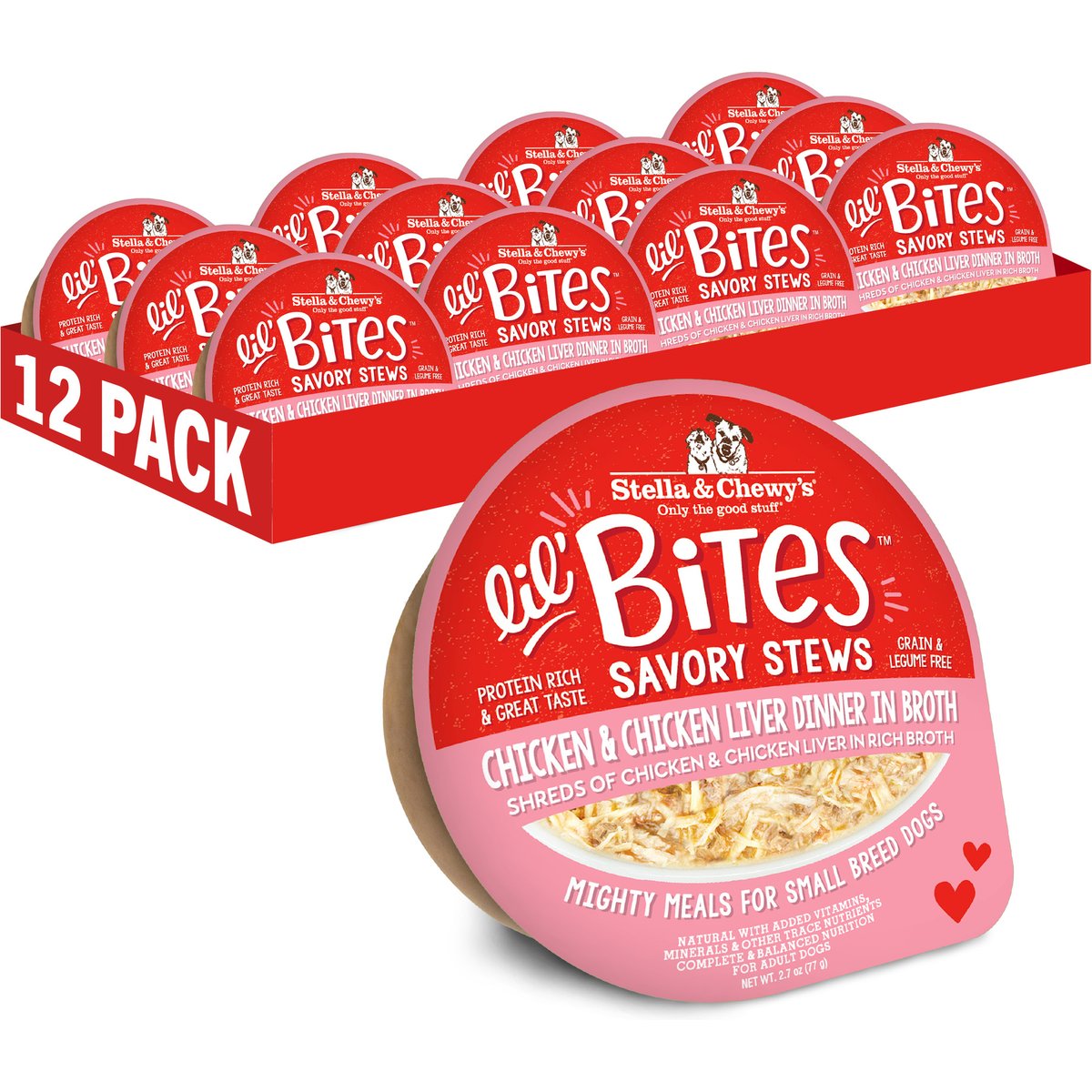 Stella & Chewy's Lil Bites Savory Stews Grain-Free Chicken & Chicken Liver in Broth Flavored Shredded Small Breed Wet Dog Food, 2.7-oz cup, case of 12