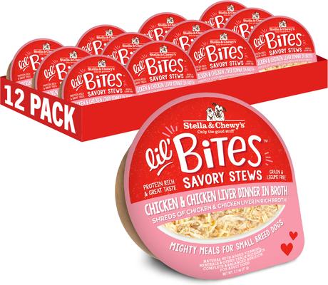 STELLA & CHEWY'S Lil Bites Savory Stews Grain-Free Chicken & Chicken Liver in Broth Flavored Shredded Small Breed Wet Dog Food, 2.7-oz cup, case of 12
