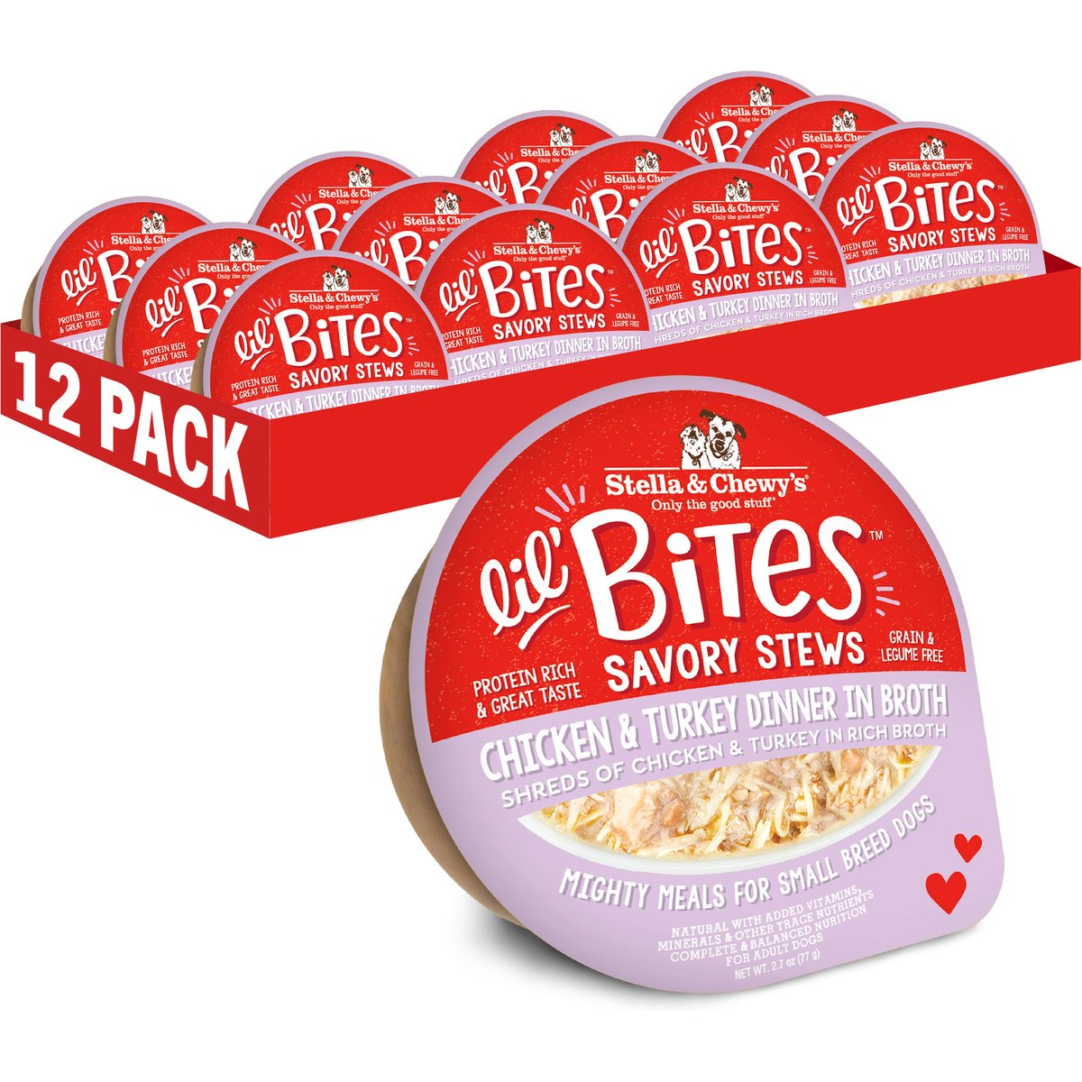 Stella & Chewy's Lil Bites Savory Stews Grain-Free Chicken & Turkey in Broth Flavored Shredded Small Breed Wet Dog Food, 2.7-oz cup, case of 12