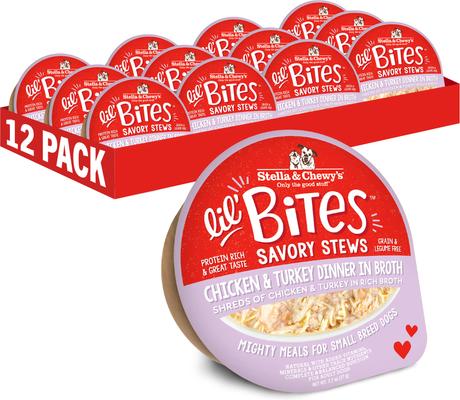 Stella & Chewy's Lil Bites Savory Stews Grain-Free Chicken & Turkey in Broth Flavored Shredded Small Breed Wet Dog Food, 2.7-oz cup, case of 12
