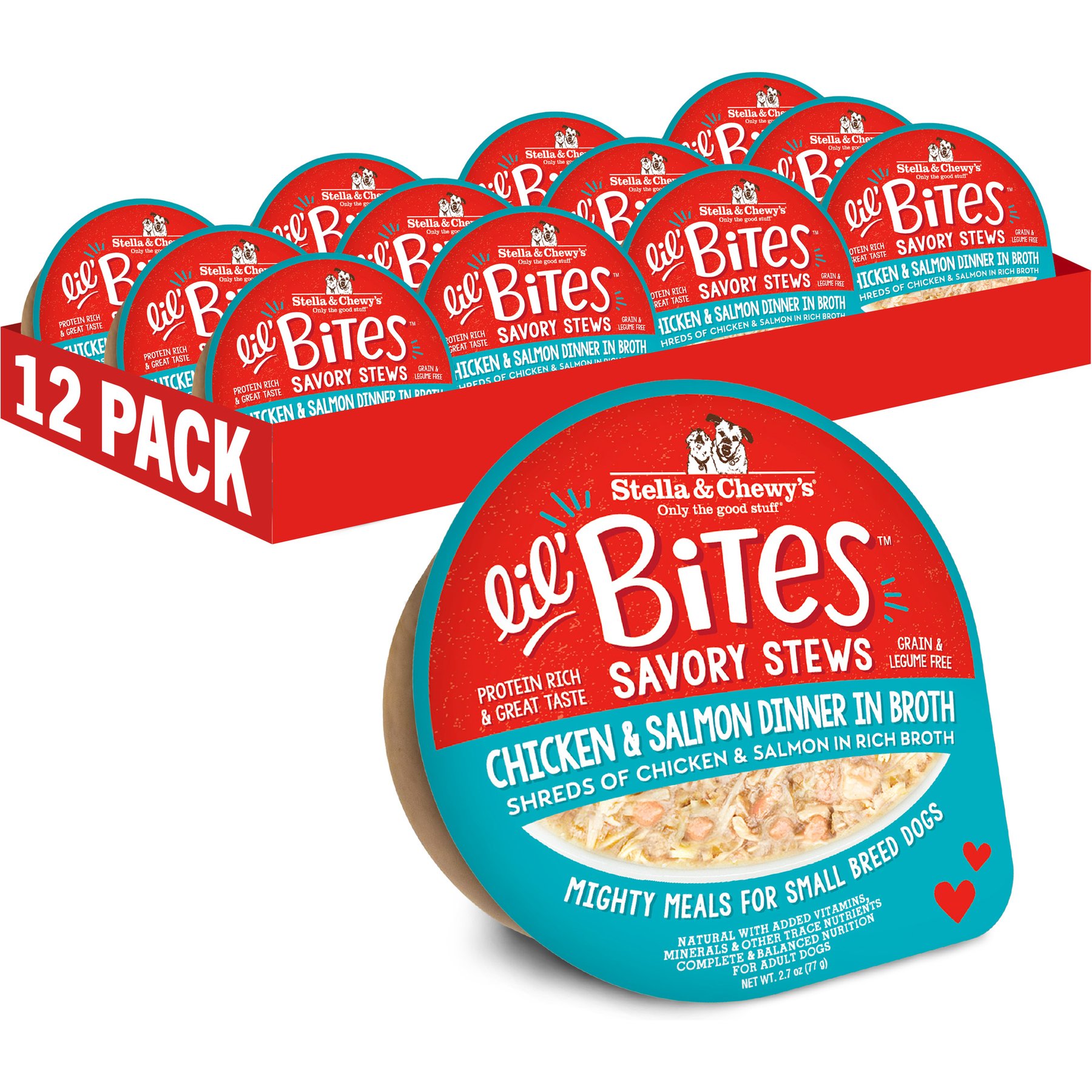 Stella & Chewy's Lil Bites Savory Stews Grain-Free Chicken & Salmon in Broth Flavored Shredded Small Breed Wet Dog Food, 2.7-oz cup, case of 12