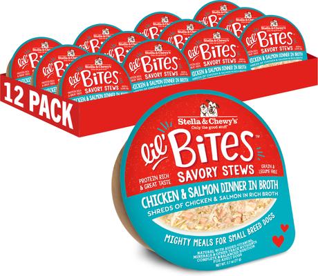 Stella & Chewy's Lil Bites Savory Stews Grain-Free Chicken & Salmon in Broth Flavored Shredded Small Breed Wet Dog Food, 2.7-oz cup, case of 12