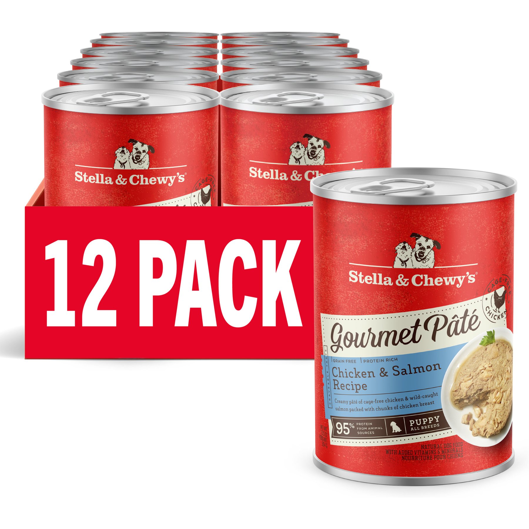 Stella & Chewy's Gourmet Pate Cage-Free Chicken & Salmon Puppy Grain-Free Wet Dog Food, 12.5-oz can, case of 12