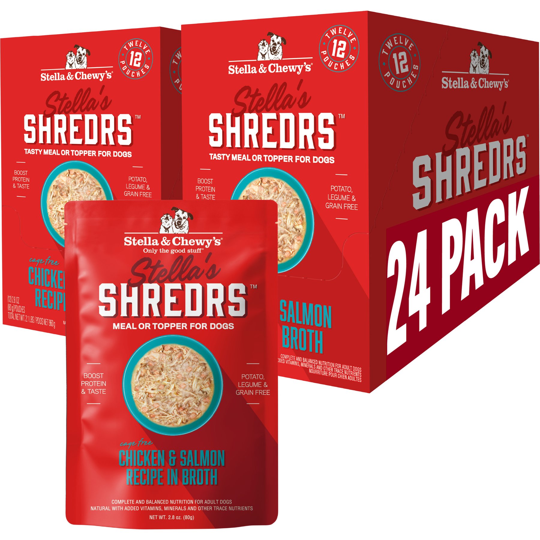 Stella & Chewy's Stella’s Shredrs Cage Free Chicken & Salmon Recipe in Broth Adult Wet Dog Food, 2.8-oz pouch, case of 24