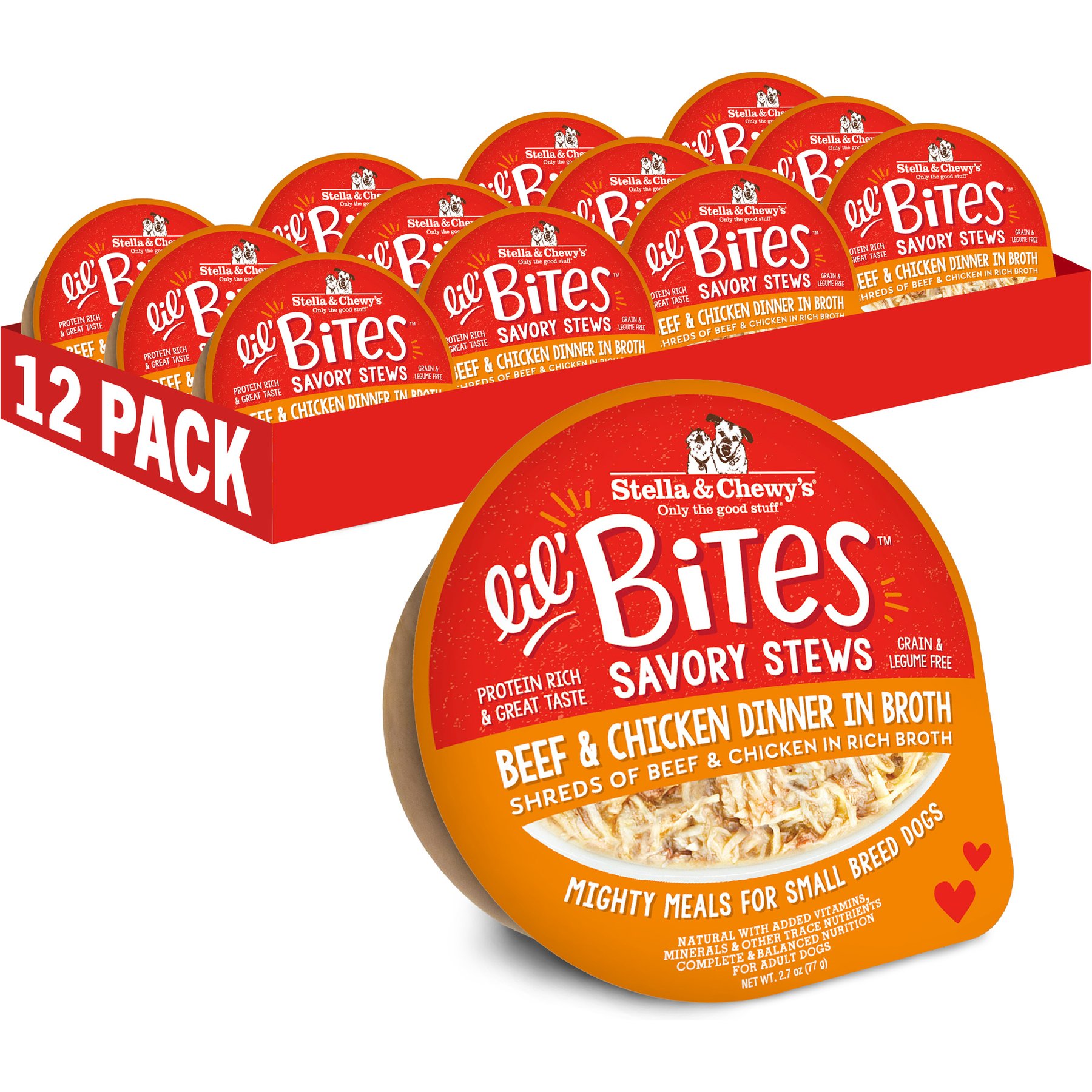Stella & Chewy's Lil Bites Savory Stews Grain-Free Beef & Chicken in Broth Flavored Shredded Small Breed Wet Dog Food, 2.7-oz cup, case of 12