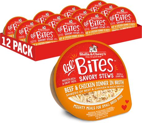 Stella & Chewy's Lil Bites Savory Stews Grain-Free Beef & Chicken in Broth Flavored Shredded Small Breed Wet Dog Food, 2.7-oz cup, case of 12