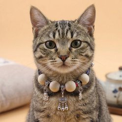 NonoPets Handcrafted Japanese-Style Adjustable Small Dog & Cat Collar with Lucky Charm & Wooden Beads, Black, Small: 18-in neck, 1/2-in wide