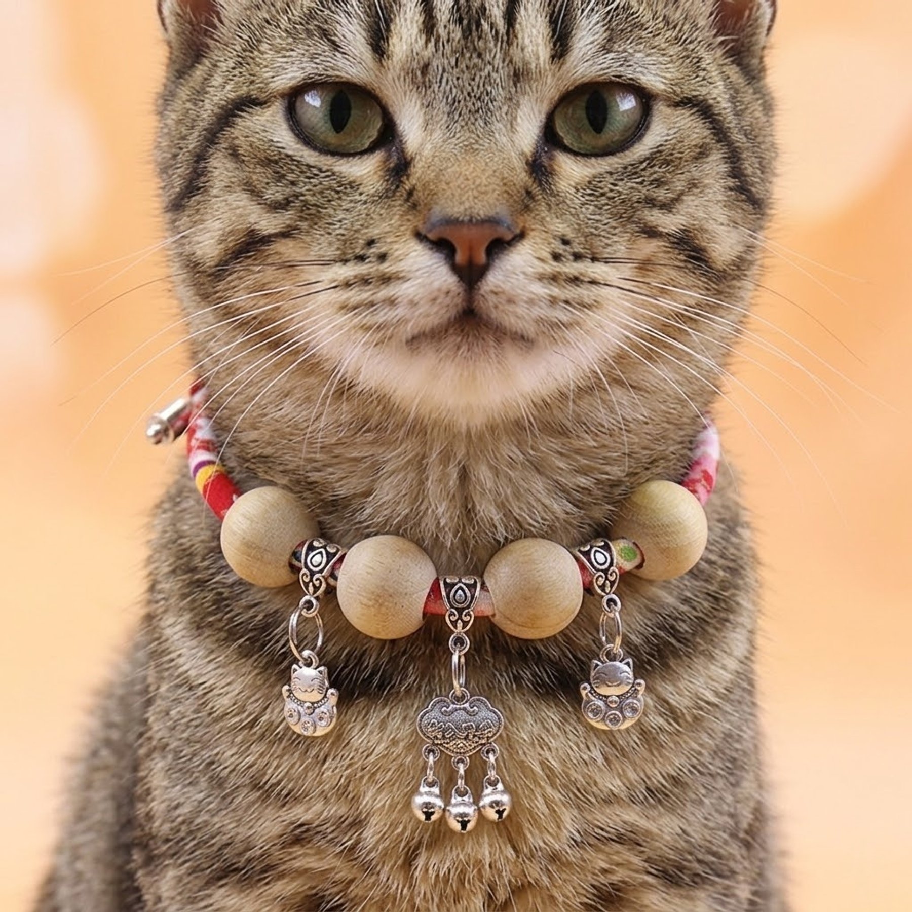 NonoPets Handcrafted Japanese-Style Adjustable Small Dog & Cat Collar with Lucky Charm & Wooden Beads, Light Red, Small: 18-in neck, 1/2-in wide