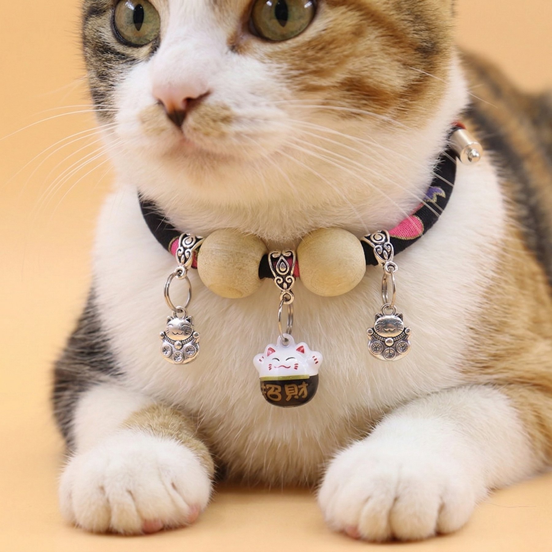 NonoPets Handcrafted Japanese-Style Adjustable Small Dog & Cat Collar with Lucky Charm & Wooden Beads, Black Pink, X-Small: 16-in neck, 1/2-in wide