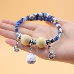 NonoPets Handcrafted Japanese-Style Adjustable Small Dog & Cat Collar with Lucky Charm & Wooden Beads, Blue, X-Small: 16-in neck, 1/2-in wide slide 2 of 2