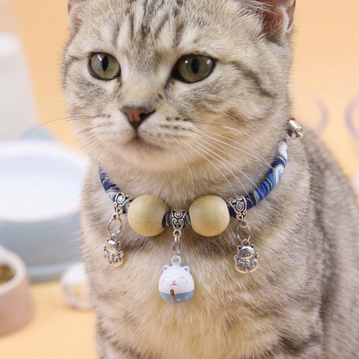 NonoPets Handcrafted Japanese-Style Adjustable Small Dog & Cat Collar with Lucky Charm & Wooden Beads, Blue, Large: 22-in neck, 1/2-in wide
