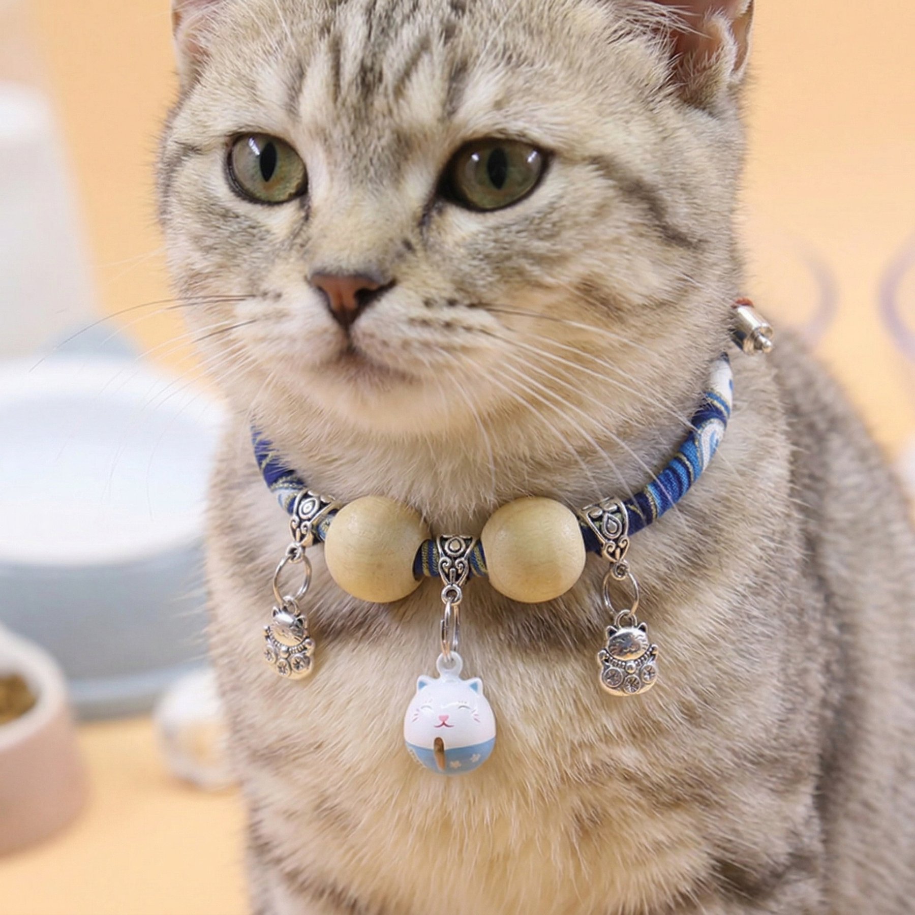 NonoPets Handcrafted Japanese-Style Adjustable Small Dog & Cat Collar with Lucky Charm & Wooden Beads, Blue, X-Small: 16-in neck, 1/2-in wide