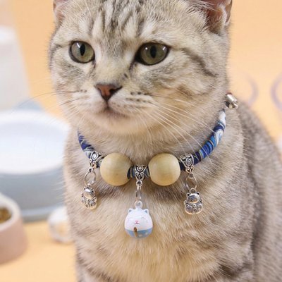 NonoPets NonoPets Handcrafted Japanese-Style Adjustable Small Dog & Cat Collar with Lucky Charm & Wooden Beads, Blue, Large: 22-in neck, 1/2-in wide