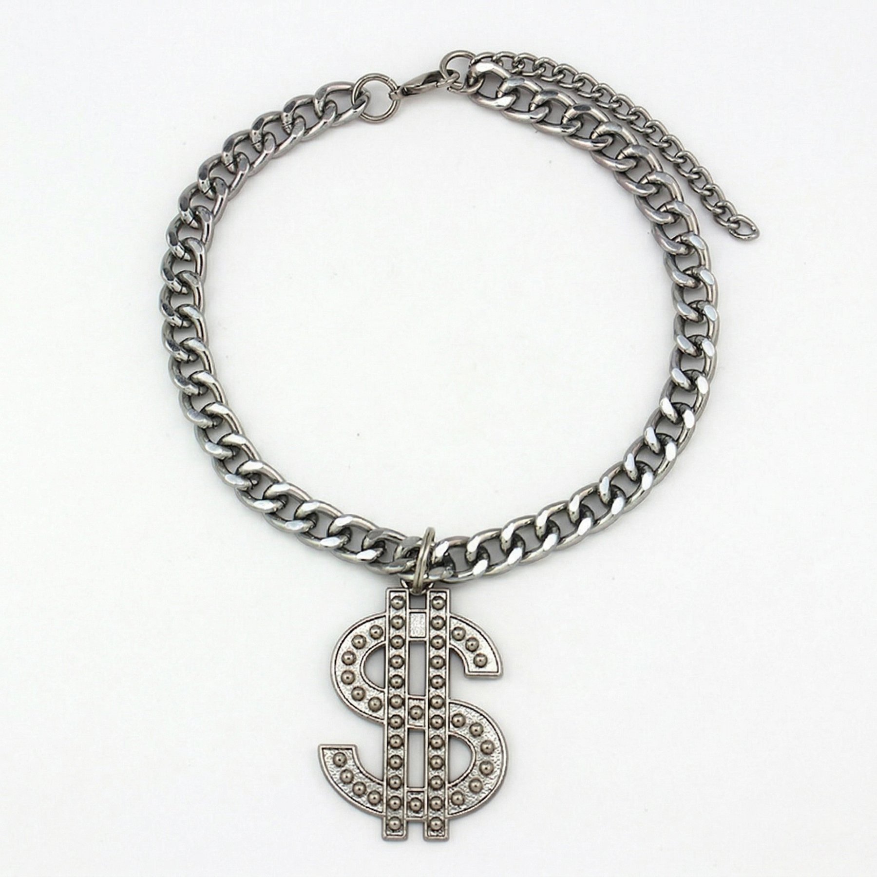 NonoPets Luxury Cuban Adjustable Link Chain Dog & Cat Collar with Dollar, Silver, X-Small: 6.3 to 8.7-in neck, 1/2-in wide