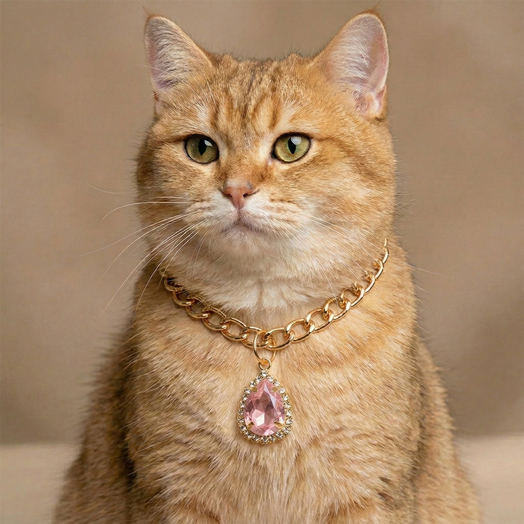 NonoPets Luxury Cuban Adjustable Link Gold Chain Dog & Cat Collar with Pendant, Pink, Small: 8.7 to 11-in neck, 1/2-in wide
